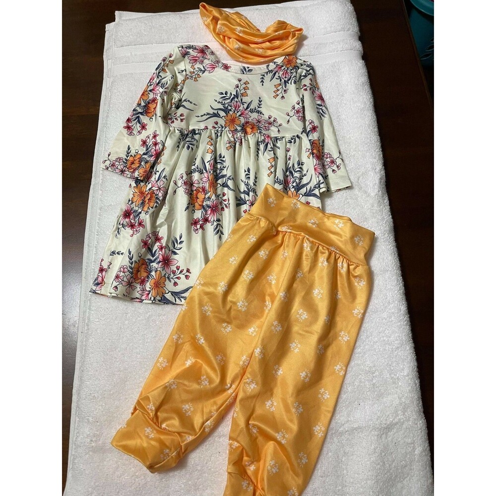 (P1) New 3-6 PatPat White and Yellow Floral Pants Set With Bow